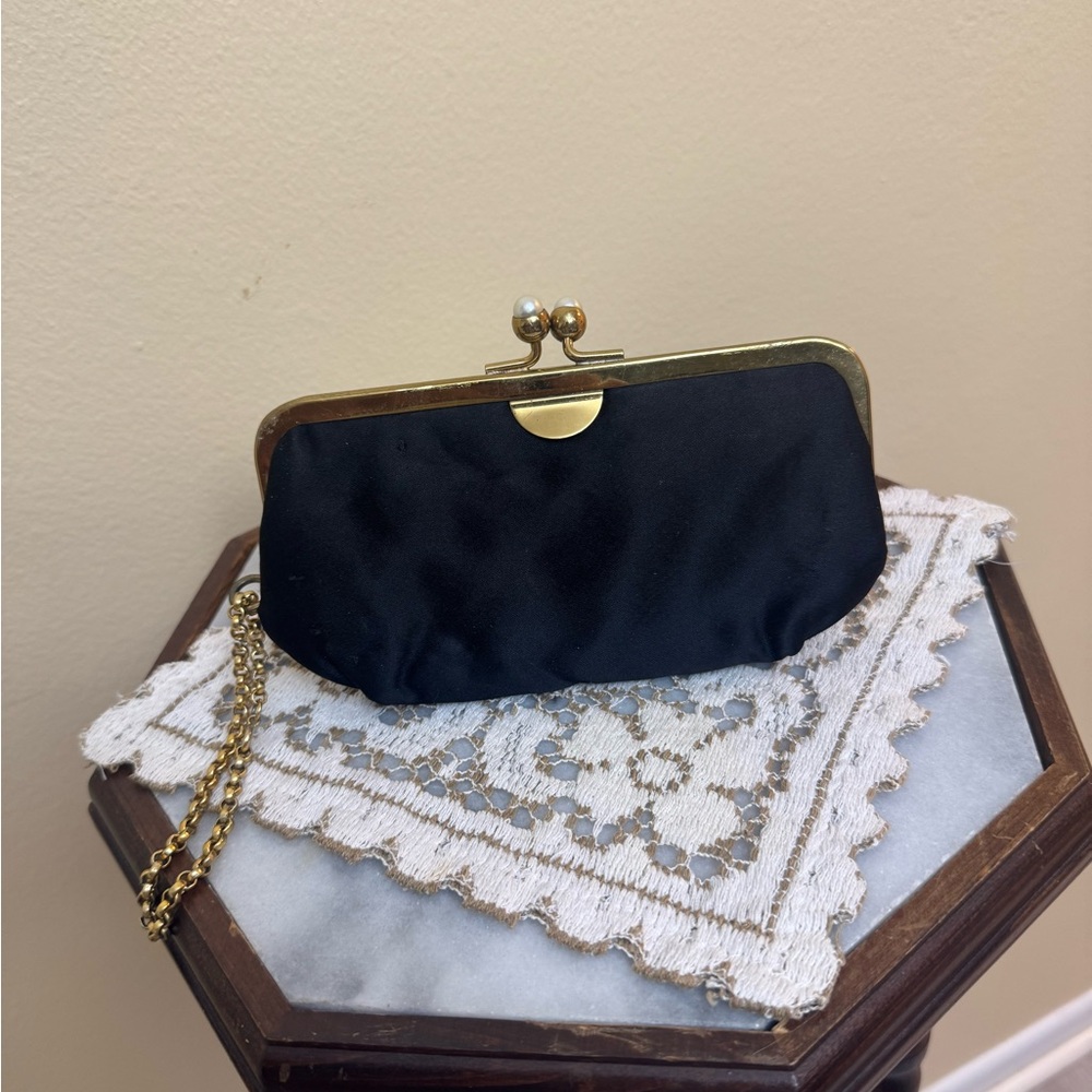 Chic Black Satin Clutch with Gold Accents
